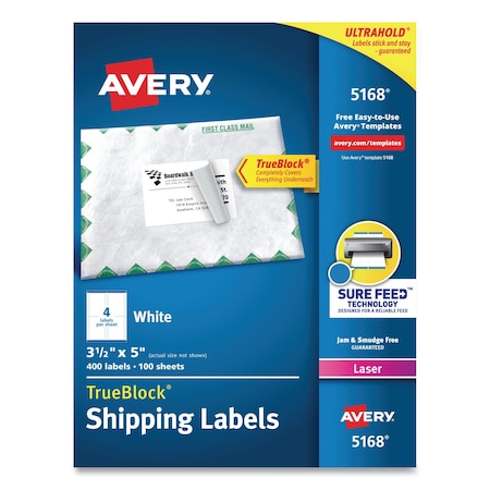 Avery Shipping Labels w/TrueBlock Tech, Laser Printers, 3.5x5, White, PK400 05168